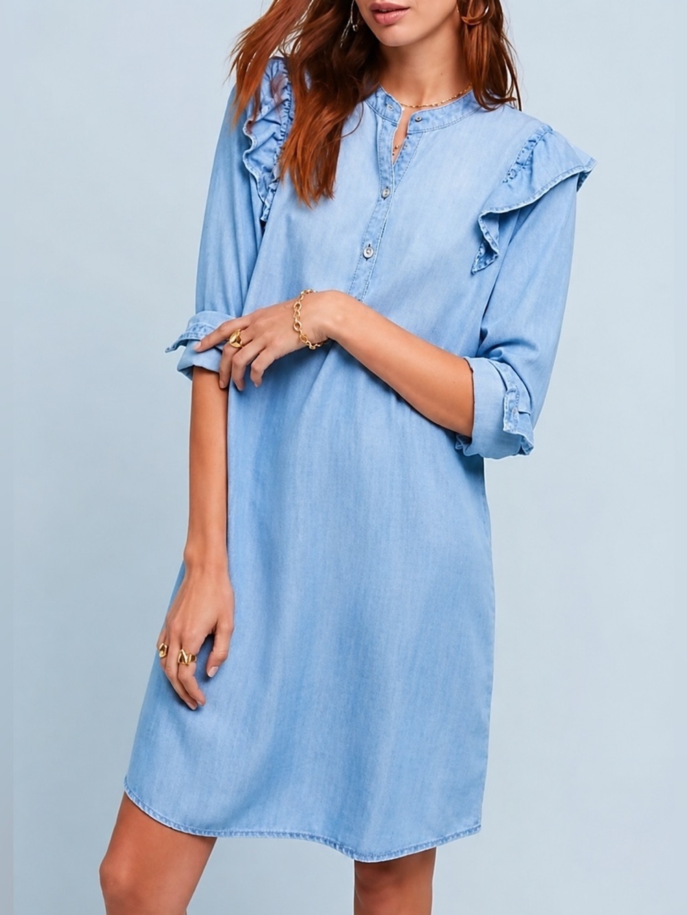 Cloth & Stone Ruffle shoulder denim dress, XS